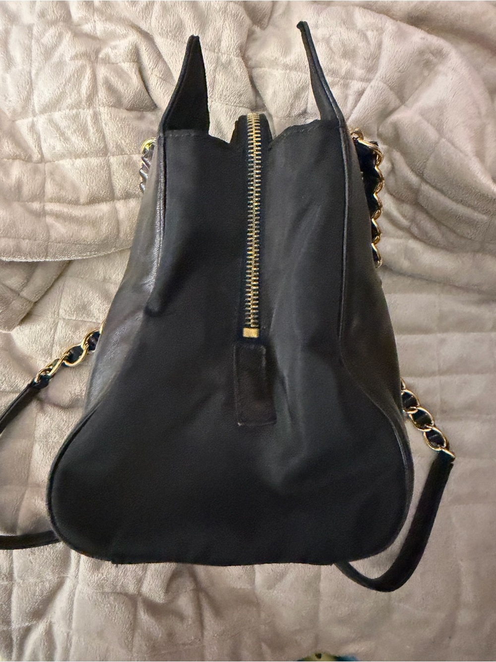 PRADA Black Leather Shoulder Bag w/Leather & Gold Chain Straps & 3 Large Pockets - Picture 6 of 13